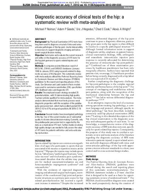 Diagnostic accuracy of clinical tests for the diagnosis of hip 